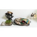 A collection of silver plated trays and coasters, including a Christofle boxed place setting,