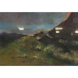 A large Continental oil pastel and wash mountaineous landscape scene, indistinctly signed lower