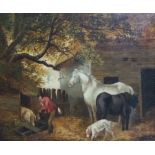 Circle of George Morland, an oil on canvas of a typical farmyard scene in a period frame with