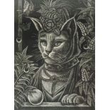 A limited edition Japanese woodcut, illustrating an adorned and jewelled cat amongst the foliage, '