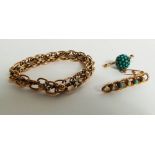 A yellow metal late 19th Century bracelet inset turquoise and yellow metal brooches with turquoise