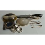 A silver late 19th Century photoframe silver handled mirror, napkin rings and similar