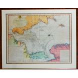 A large shipping map of the North of German Sea, coloured, mounted and glazed in a burr maple frame,
