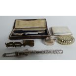 A collection of objects of vertu, including cased silver pickle fork, silver chatelain,