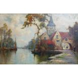 Alfred Fontville de Breanski Jnr, a Dutch oil on canvas of an Autumnal canal scene, signed lower