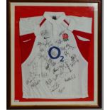 A framed and glazed 2005 England rugby shirt, bearing signatures of the players, 106cm x 88cm