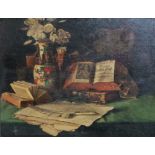 A fine quality late 19th Century still life on panel, depicting Chinese vase, quill and box,