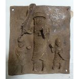 A bronze Benin wall plaque depicting King's Guard figures