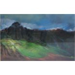 A large Continental oil pastel and wash mountaineous landscape scene, indistinctly signed lower