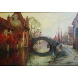 Alfred Fontville de Breanski Jnr, a Dutch oil on canvas of an Autumnal scene, depicting a bridge