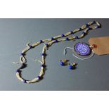 A pair of 9ct gold and Lapiz Lazuli earrings and seed pearl necklace and a 9ct gold Milifiori glass