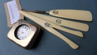 A hallmarked silver pocket watch in silver clad travel case, and a collection of ivory items