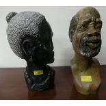 Two carved marble African busts of a female and a male (2)