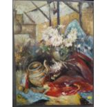 A mixed media still life study on canvas, along with a signed and numbered gilt framed print,