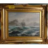 An oil on board depicting a seascape scene of ships in stormy seas, signed 'J W West' lower right,