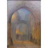 A 19th Century Continental oil on board passage scene, indistinctly signed, notes to verso