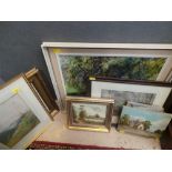 A collection of various landscape paintings, mostly framed (qty)