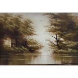 Tom Gower (St. Ives, Modern) two Autumnal lake scenes, oils on canvas, both signed lower left,