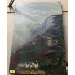 An early 20th Century Continental School, oil on canvas of a mountaineous landscape with sheep in