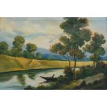A large late 19th/early 20th Century oil on canvas landscape riverscene, signed lower right, gilt