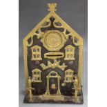 A LATE 19TH CENTURY HOUSE MONEY BOX, of sheet metal construction with brass fretwork decoration, H 1