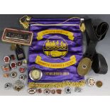 A SMALL COLLECTION OF A.S.L.E.F. AND N.U.M. BADGES, a cased Ingersoll pocket watch, a leather belt w