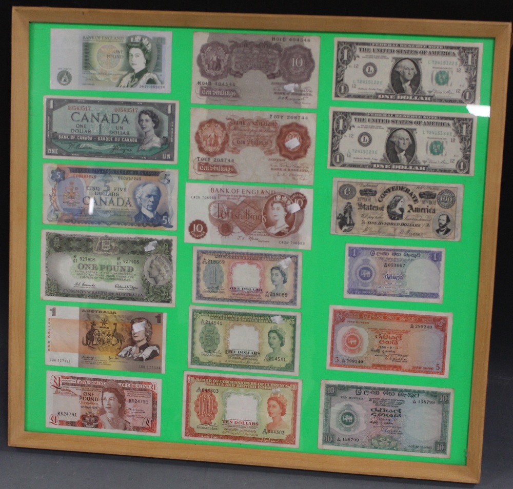 A FRAMED COLLECTION OF BANK OF ENGLAND, COMMONWEALTH AND WORLD BANKNOTES, to include 'Malaysia and B