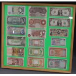 A FRAMED COLLECTION OF BANK OF ENGLAND, COMMONWEALTH AND WORLD BANKNOTES, to include 'Malaysia and B