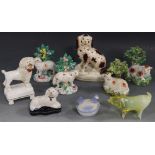 A COLLECTION OF STAFFORDSHIRE SHEEP FIGURES, two dogs, a glass pig etc.