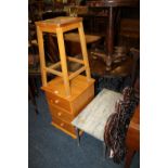 A HONEY PINE BEDSIDE CHEST, A STOOL, TABLE + PANEL  (4)