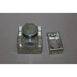 A SILVER TOPPED INK BOTTLE S/D + A SILVER RIMMED ASHTRAY  (2)