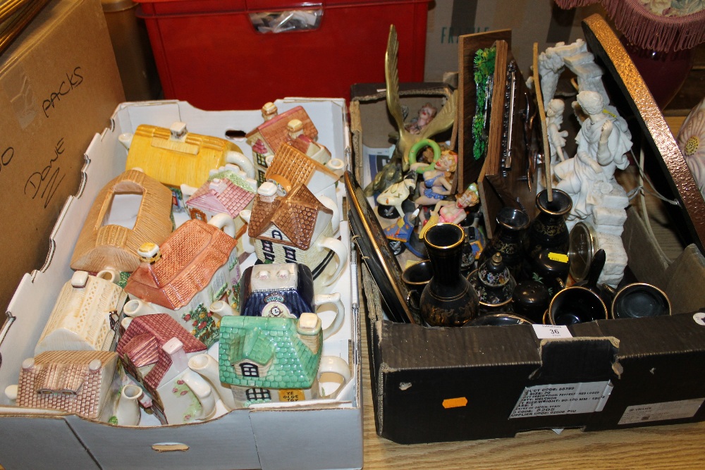 A BOX OF CHINA & CERAMICS TOGETHER WITH A BOX OF NOVELTY TEAPOTS (2)