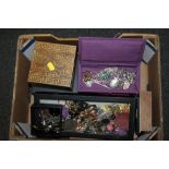 A BOX OF COSTUME JEWELLERY ETC