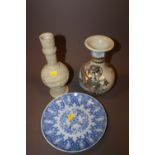 A JAPANESE VASE & CHINESE PLATE TOGETHER WITH ANOTHER ORIENTAL VASE