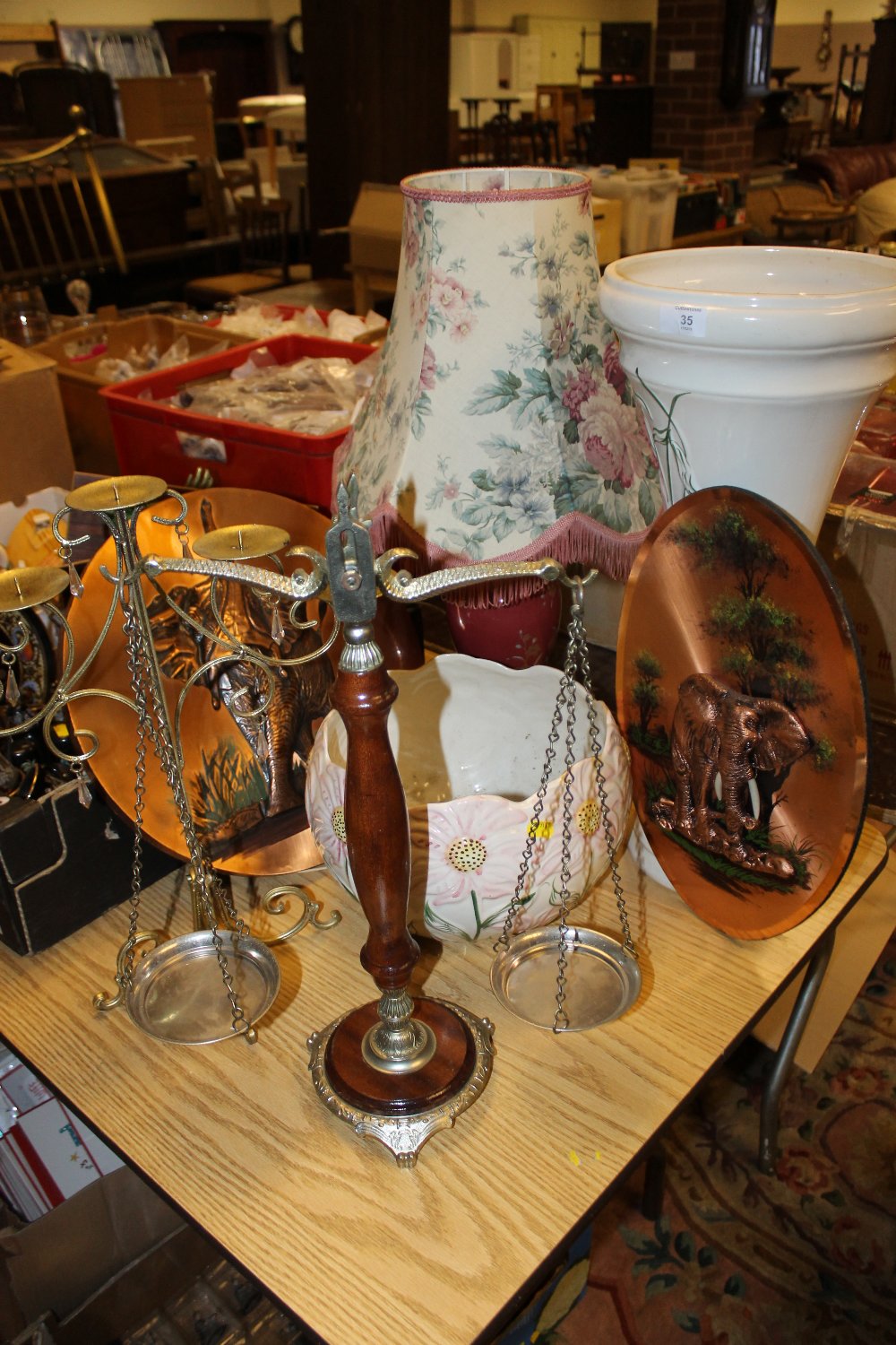 A JARDINIERE STAND, TABLE LAMP, SET OF SCALES ETC