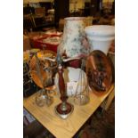 A JARDINIERE STAND, TABLE LAMP, SET OF SCALES ETC