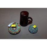 TWO MILLEFIORI STYLE PAPERWEIGHTS & A VICTORIAN RUBY GLASS BUG