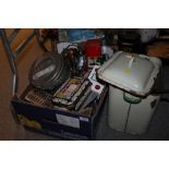 A TRAY OF COLLECTABLE TINS + AN ENAMEL BREAD BIN