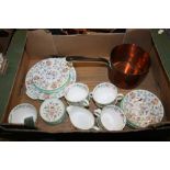 A TRAY OF ASSORTED MINTON HADDON HALL + A COPPER SAUCEPAN