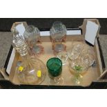 A TRAY OF GLASSWARE TO INCLUDE UNUSUAL CANDLE STANDS ETC