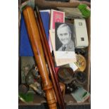 A TRAY OF COLLECTABLES TO INCLUDE FISHING REELS, AUTOGRAPH, TRAVEL CLOCK ETC.