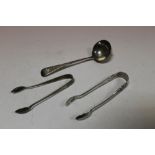 A HALLMARKED SILVER TODDY LADLE TOGETHER WITH TWO HALLMARKED SILVER SUGAR TONGS