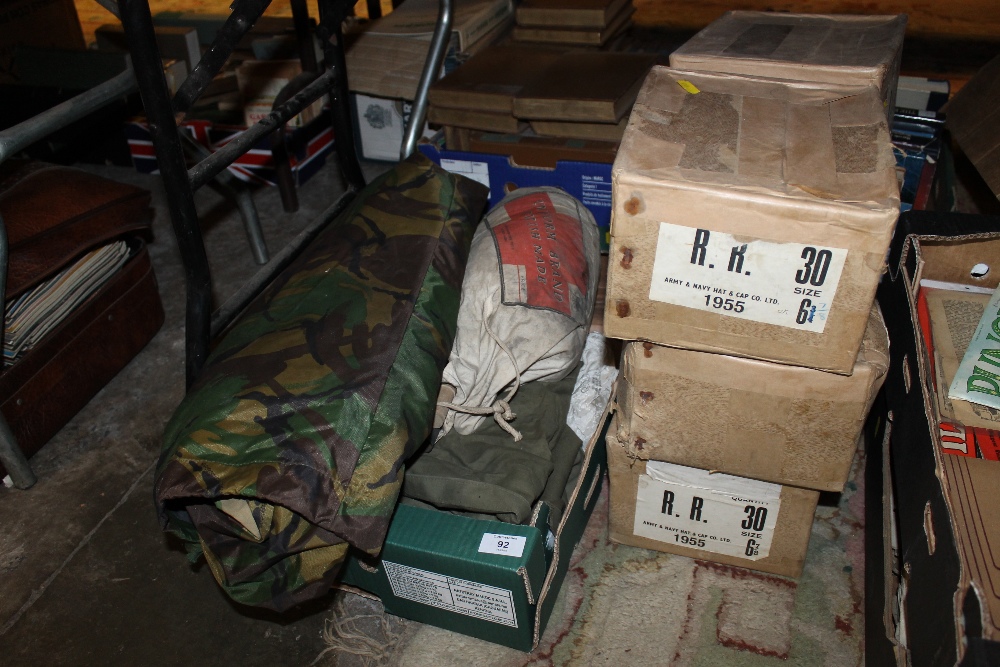 SIX BOXES OF 50'S NAVY HATS PLUS A TRAY OF ARMY RELATED ITEMS