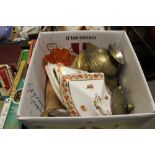 A BOX OF SUNDRIES TO INC BRASS, CARNIVAL GLASS ETC