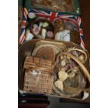 A BOX OF WICKERWARE INCLUDING FORTNUM & MASON PLUS A TRAY OF SUNDRIES