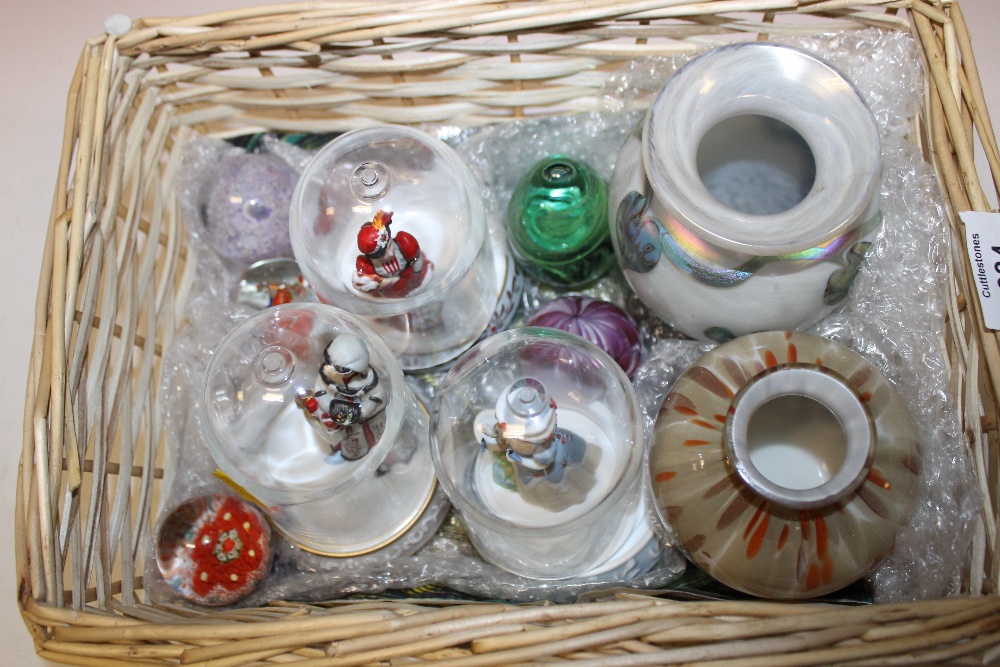 A BASKET OF ASSORTED ORNAMENTS TO INCLUDE PAPERWEIGHTS