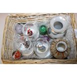 A BASKET OF ASSORTED ORNAMENTS TO INCLUDE PAPERWEIGHTS