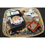 A TRAY OF COLLECTABLES TO INCLUDE COINAGE, MARBLES, CRESTED WARE ETC.