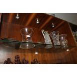 A SELECTION OF GLASS VASES, TWO COPPER WARMING PANS, SILVER PLATED CLARET JUG & A BAROMETER