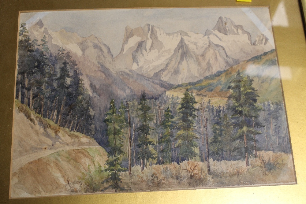 FOUR FRAMED ANTIQUE WATERCOLOURS, POSSIBLY OF CANADA, MAILY MOUNTAIN SCENES AND ONE OF LOGS ON A RI - Image 6 of 8